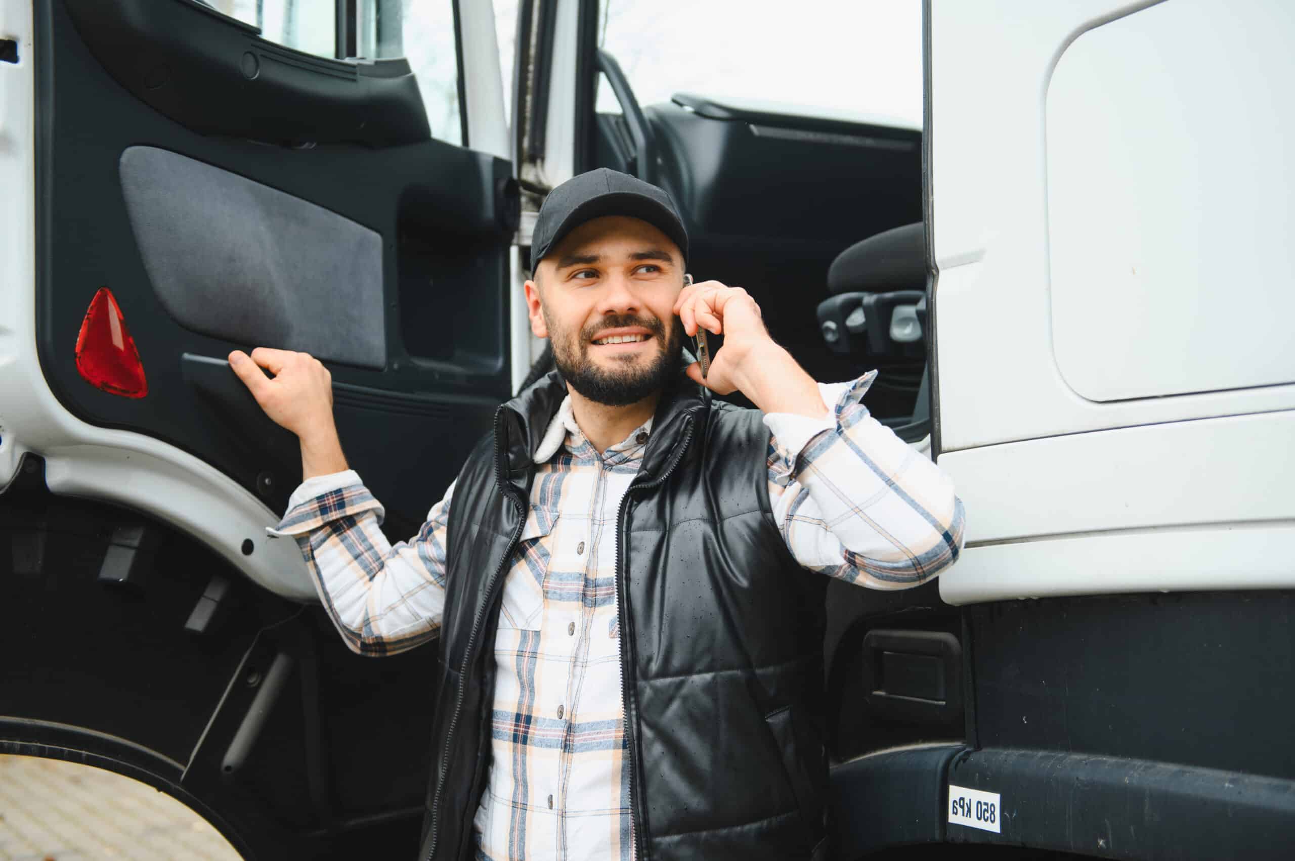 Commercial truck driver talking to insurance about markets coverage